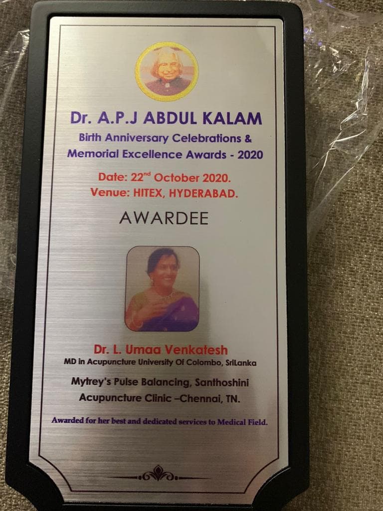 Dr. A.P.J. Abdul Kalam Memorial Excellence Award presented to Dr. Uma Venkatesh, 2020